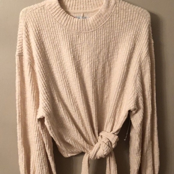 FREE PEOPLE BEACH SZ XS IVORY OVERSIZED RIBBED TIE FRONT LONG SLEEVE TOP - Picture 4 of 9